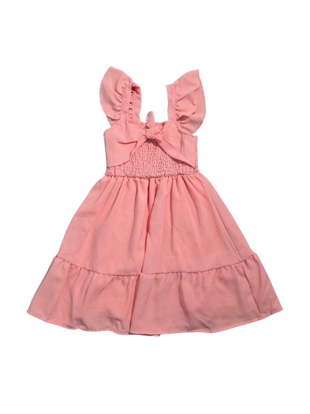 NWOT | Girl's Coral Pink Smocked Flutter Sleeve Tiered Ruffle Hem Dress | 6Y